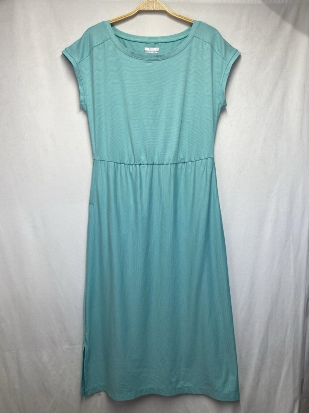 Columbia PFG Boat Neck Maxi Dress Women Medium Mint Green Side Slit Cap Sleeves